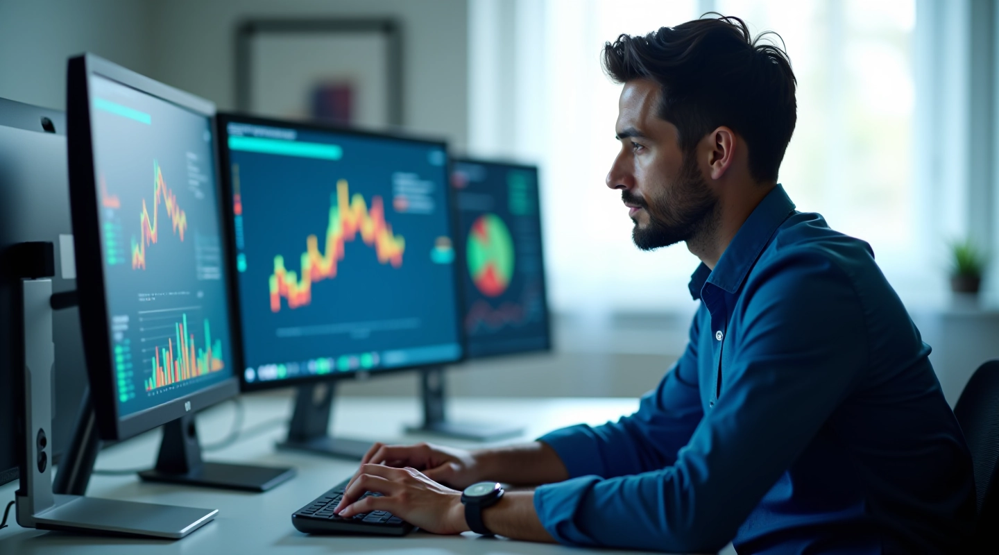 Analista de dados trabalhando com gráficos e números em um computador moderno