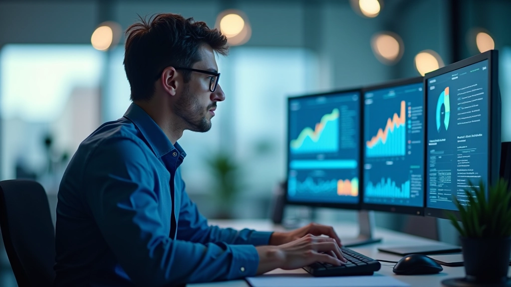 Analista de dados trabalhando em computador com múltiplos monitores mostrando gráficos e estatísticas