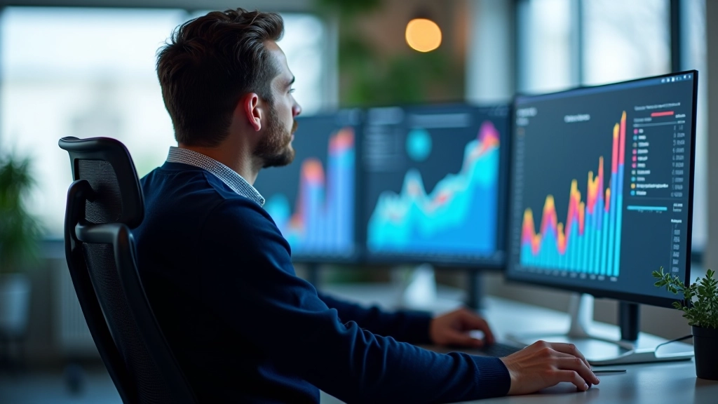 Analista de dados examinando visualizações de gráficos em monitor grande, ambiente de trabalho moderno