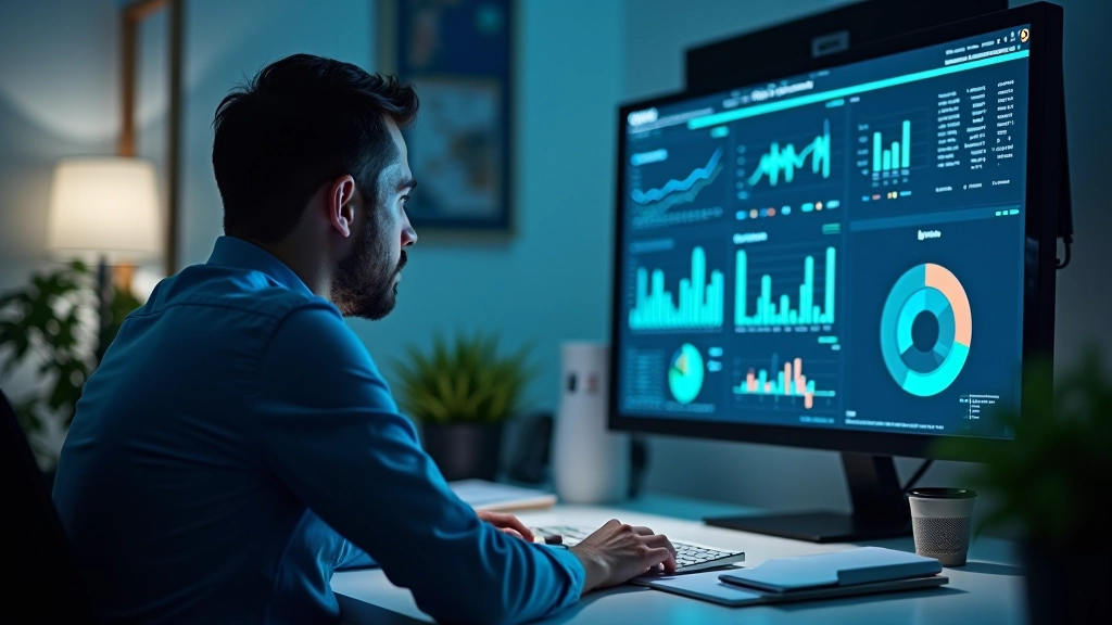 Analista a trabalhar com dados em ecrã grande, rodeado de gráficos e análises visuais, ambiente de investigação digital, iluminação profissional