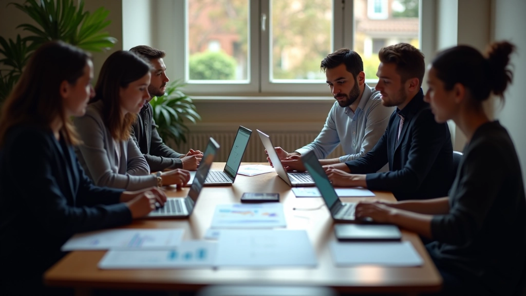 Reunião de equipe editorial em torno de mesa com laptops e impressões de gráficos, discutindo visualizações de dados