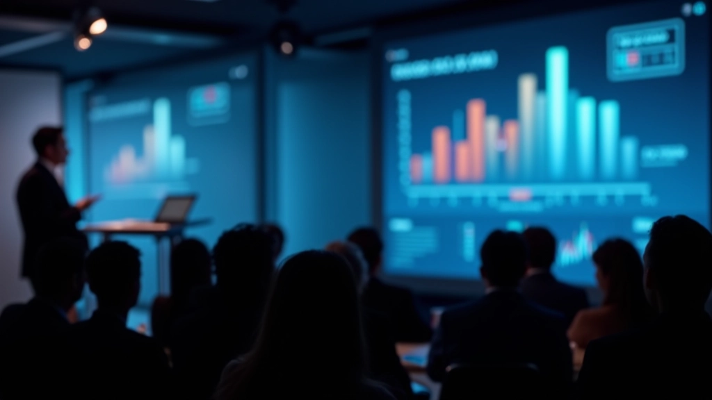 Jornalista apresentando dados em gráfico interativo durante conferência