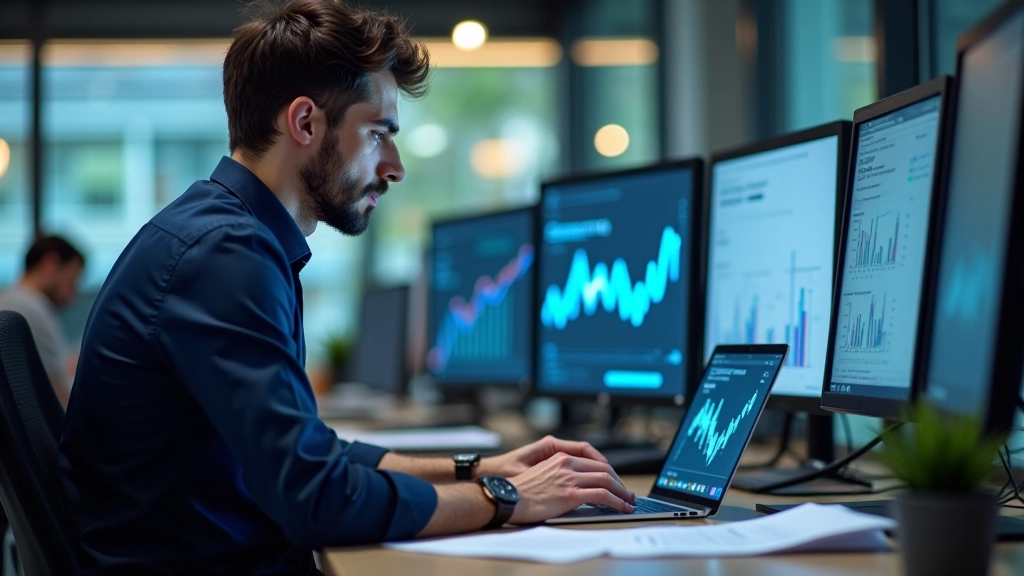 Jornalista investigativo a trabalhar com documentos e laptop, ambiente de newsroom profissional com múltiplos monitores