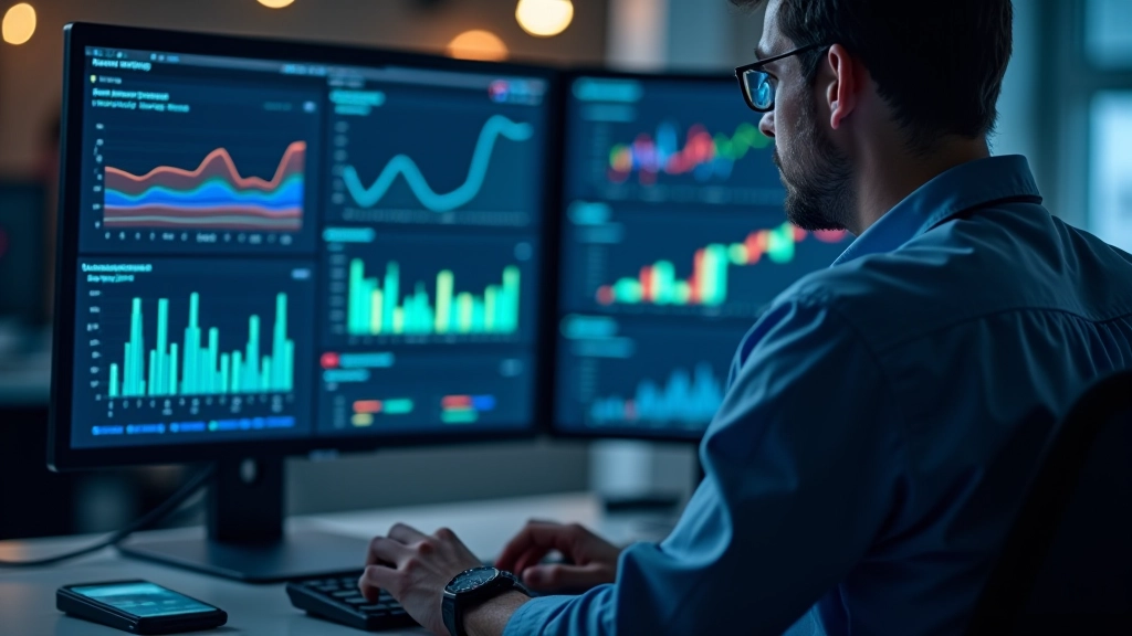 Painel de análise de dados com múltiplos gráficos e tabelas coloridas em um ecrã de computador