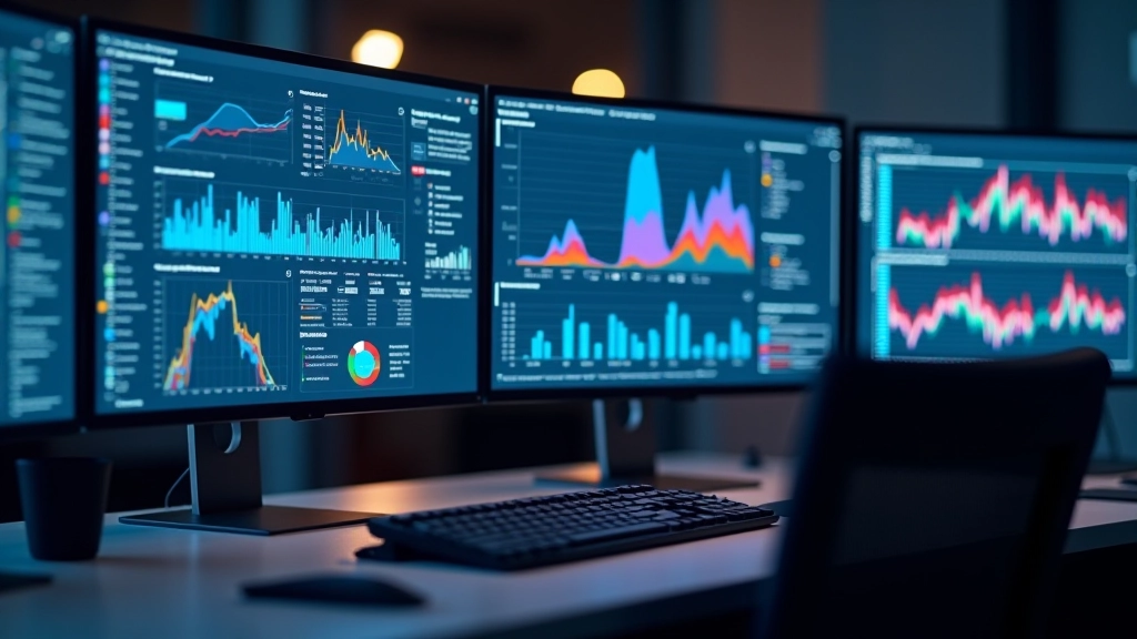 Computador mostrando múltiplos gráficos interativos em cores vibrantes, dashboard moderno com dados em tempo real
