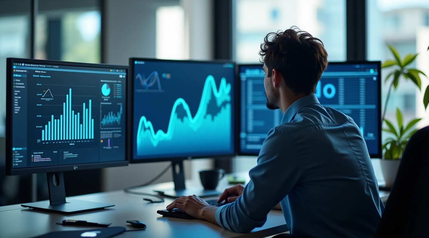 Espaço moderno de trabalho com múltiplos monitores exibindo gráficos e análise de dados, ambiente profissional de jornalismo digital, iluminação natural brilhante